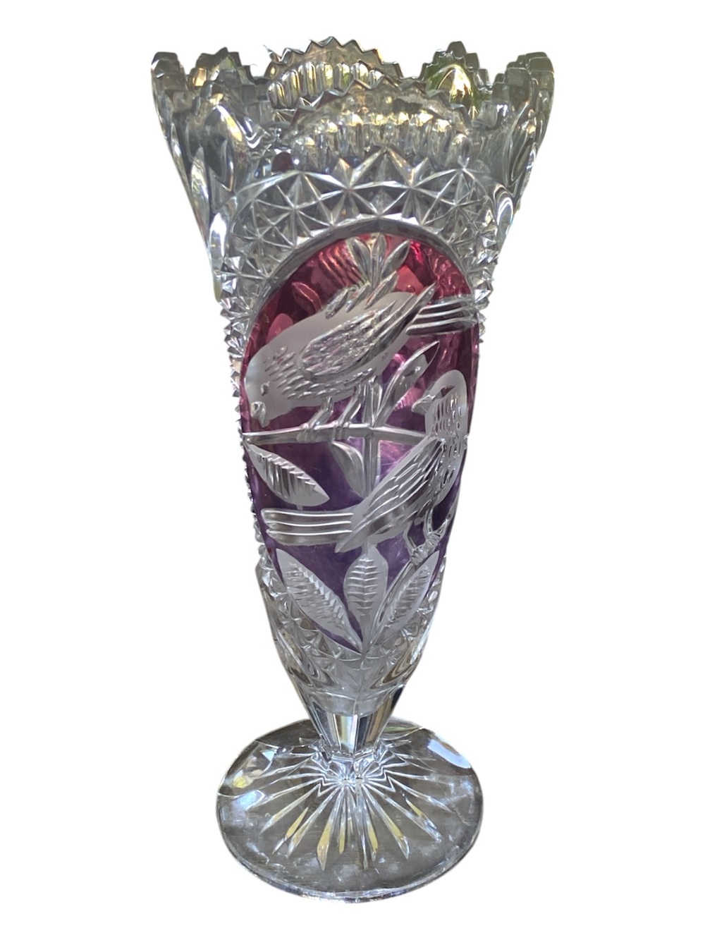 Hofbauer Byrdes Collection The Ruby Vase Frost Cut Crystal Birds Germany 10.25”